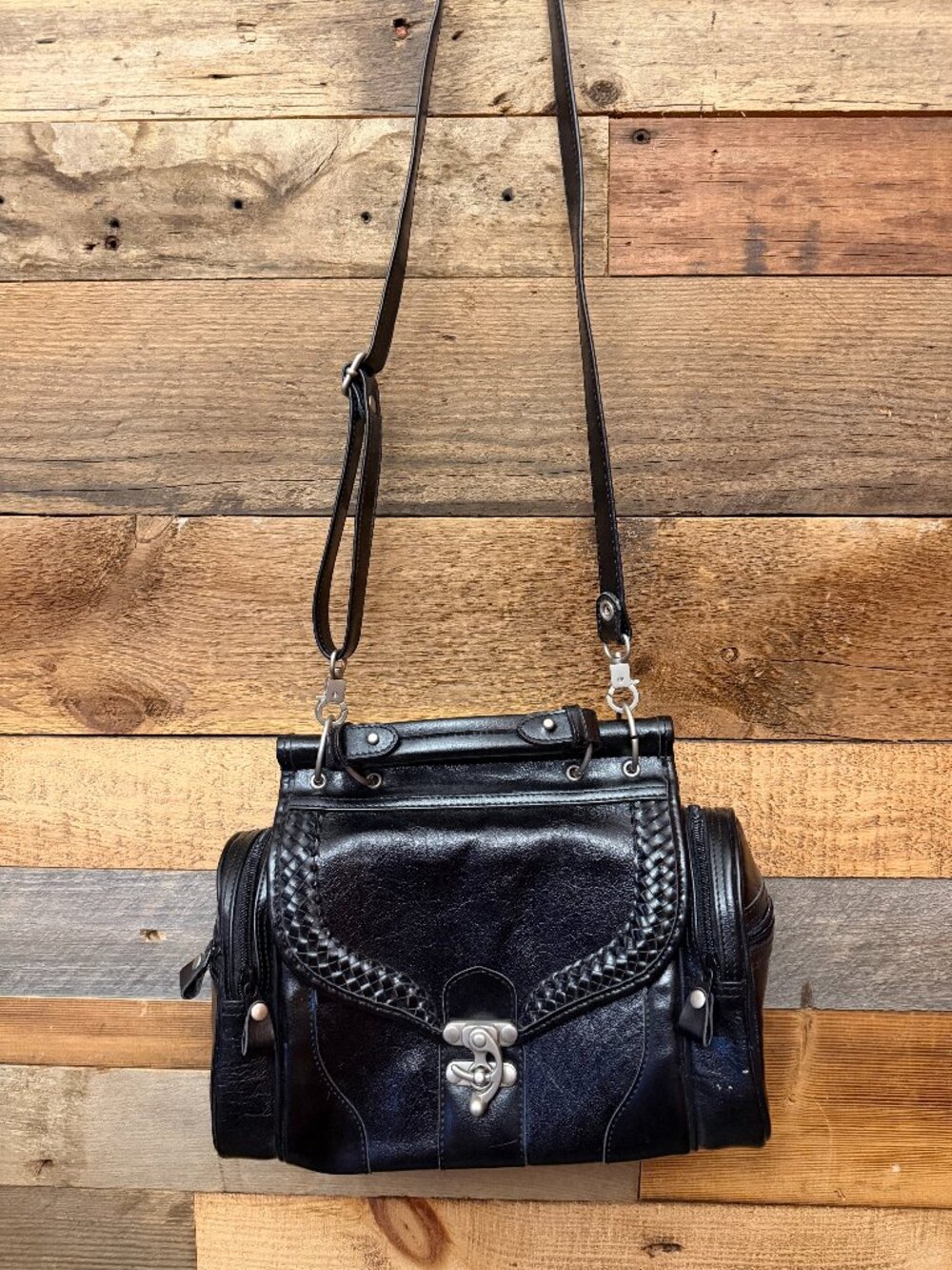 Black Structured Handbag Sleek Statement Purse Unique Metal Closure Faux Leather